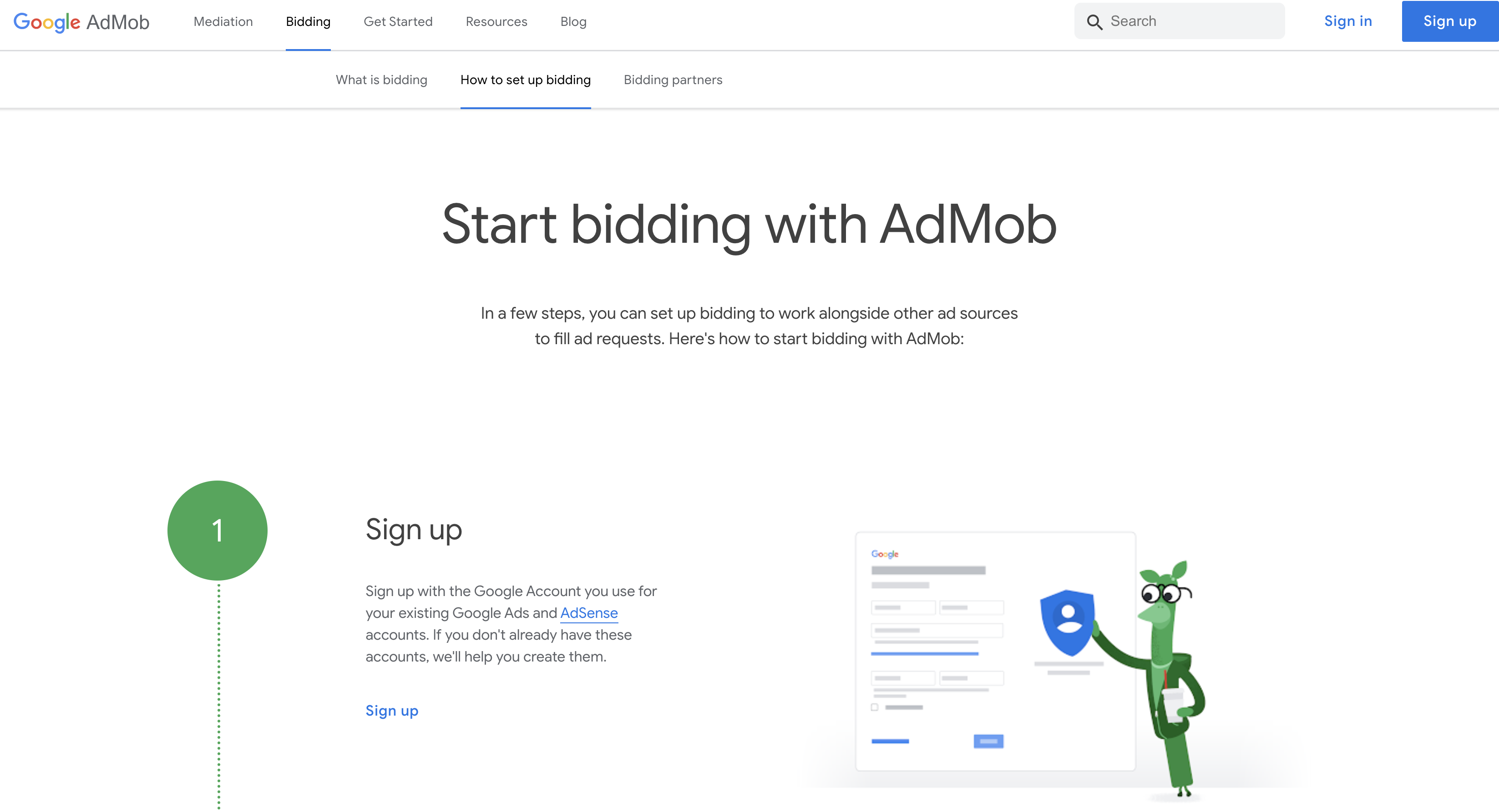 Screenshot Admob website